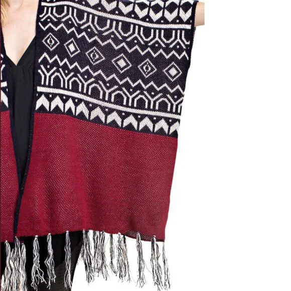 VOCAL Aztec Print Fringed Open Front Poncho Cardigan Sweater S-XL NWT - Picture 4 of 5